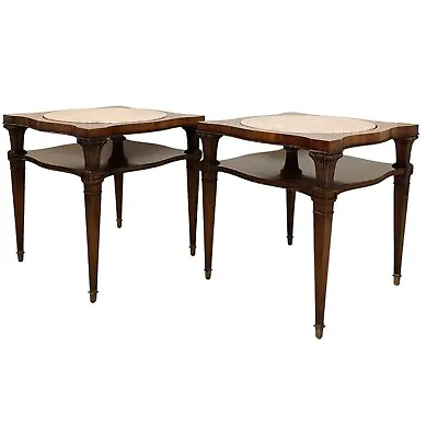 ENC-1138: Pair - Vintage Weiman Heirloom Mahogany & Marble Top End Tables • $725