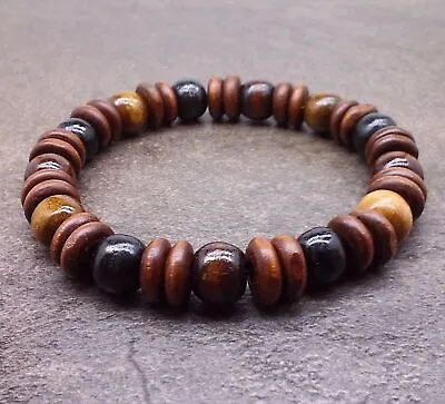 Mens Wood Beaded Bracelet Bangle Cuff Wristband Jewelry Charm Wooden Beads Men • $15.99