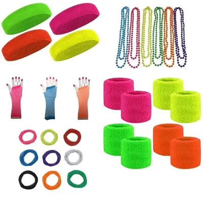 Sweatbands Neon Headbands Fishnet Gloves Necklace Gummies 80's Fancy Dress Sets • £2.50