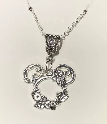 Silver Mickey Mouse Floral Pendant On A Silver Necklace Chain!! • $9.25