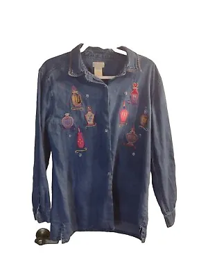 Vintage Bobbie Brooks L Denim Longsleeve Button Up Shirt Embroidered Christmas  • $6
