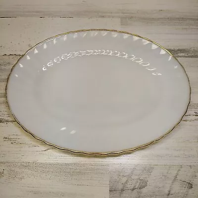 Vintage Anchor Hocking Platter 13  White Milk Glass Oval Gold Trim Suburbia • $9.94