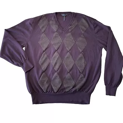 Enzo Mantovani Men's Argyle Sweater Size L Pullover V Neck Merino Wool Purple • $24.99