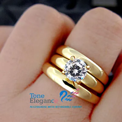 18k Yellow Gold GF Solid Engagement Wedding Ring Set Made With Swarovski  • $39