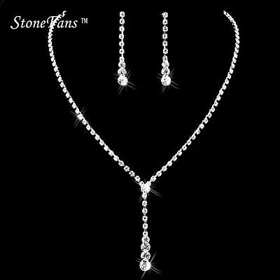 £6.49 • Buy Rhinestone Diamante Crystal Drop Dangle Wedding Twist Plunge Necklace Set