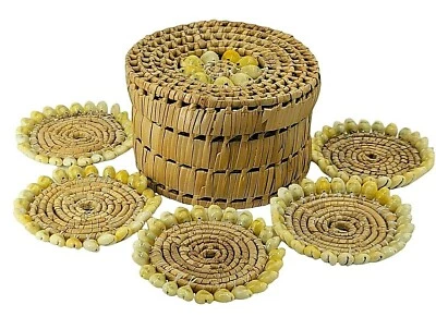 $13.99 • Buy Vintage 4 Coaster Round Woven Rattan Shell Beach House  Handmade Nautical Summer