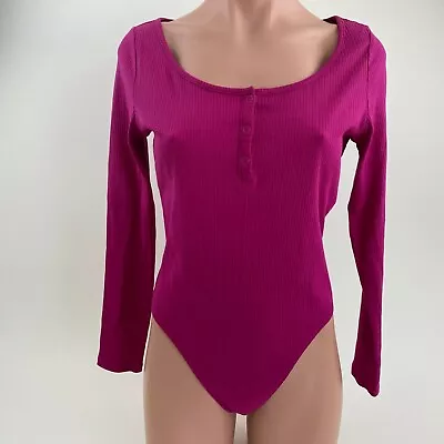 Victoria's Secret PINK Cotton Long Sleeve Scoop Neck Bodysuit Top Magenta XS NWT • $14.99