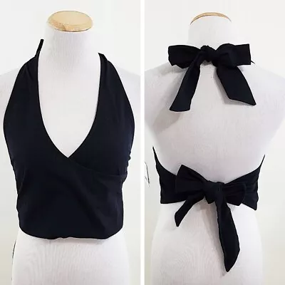 Free People Maria Madras Black Halter Crop Top Bow Tie Size XS NEW • $38