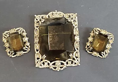 VTG Sarah Coventry Matching Set Earrings Clip Pin Brooch Silver Smokey Topaz • $7.95