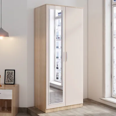 2 Doors High Gloss Wardrobe Bedroom Furniture Storage Hanging Rail With Mirror • £132.98