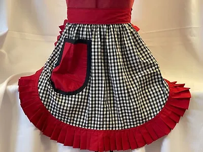 £20.99 • Buy RETRO VINTAGE 50s STYLE HALF APRON / PINNY - BLACK & WHITE GINGHAM With DEEP RED