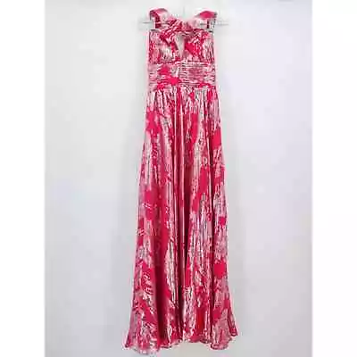 Aidan Mattox Pink Silver Metallic Print Halter Maxi Gown Size 0 • $79.99