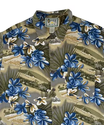 HANA BAY Shirt Mens L Blue Floral Tropical Hawaii Aloha Short Sleeve Button Down • $12.95