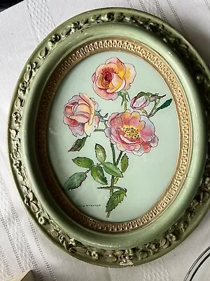 Vintage Reverse Art Foil Painted Roses Lucille Brennan Signed Framed Painting • $240