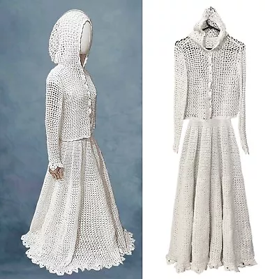 HANDMADE | Vintage 1970s White Crochet Wedding Dress Matching Hooded Jacket Set • $225