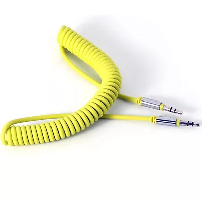 3.5mm Coiled AUX Cable Mini Jack To Jack Male Audio Auxiliary Lead PC Car Yellow • £2.85