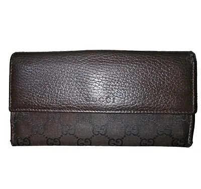 Gucci Authentic GG Monogram Ebene Brown Flap Continental Wallet Bifold Canvas  • $141