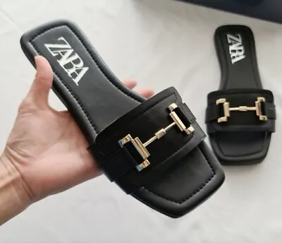 Zara Black Flat Leather Sandals With Silver Buckle Size 6(36) • $60