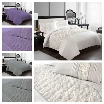 Embellished Lace Pleated Duvet Quilt Cover Set Ruffle All Size Bedding Easycare • £21.50