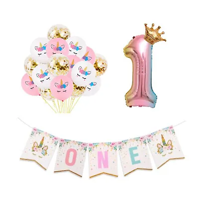 1ST ONE Birthday Banner Unicorn Party Balloons Girls First Birthday Decoration • $26.99