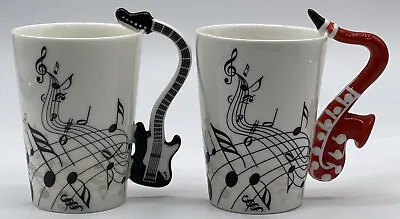 2 Musical Instrument Coffee Mugs Cups Guitar & Saxophone Handle Music Notes • $21.24