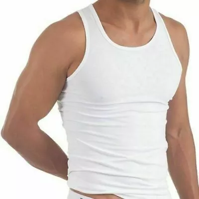 6 X Mens White Vests Fitted 100% Cotton Gym Training Tank Top New Top • £12.99