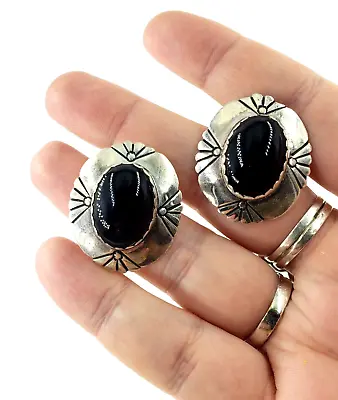 MARCO BEGAYE MB Sterling Silver Earrings Drop Onyx Native Navajo Zuni Oval Black • $89