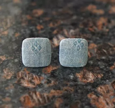 $11.99 • Buy Vintage Womens Earrings - Fabric Rectangular Argyle Blue WHite Chambray Round
