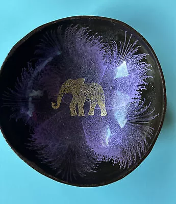 Handmade Coconut Art Purple Bowl -gold Elephant • £5