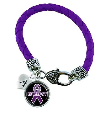 Custom Epilepsy Awareness Purple Ribbon Leather Bracelet Jewelry Initial Family • $22.49