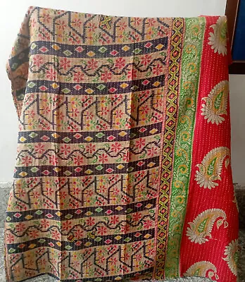 Vintage Indian Handmade Quilt Kantha Bedspread Throw Cotton Blanket Ralli Gudari • £20.96