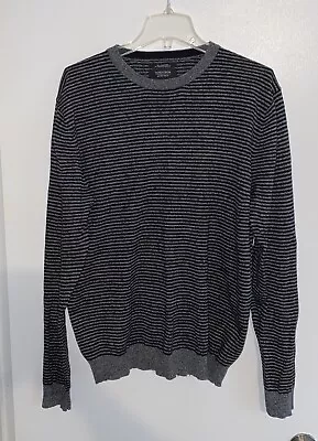 NORDSTROM Men's Shop Large Cotton/Cashmere Crewneck Sweater Black Gray Striped • $24.94