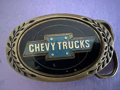 VINTAGE Brass Chevy Trucks Belt Buckle Chevrolet Black & Blue Enamel Heritage • $25