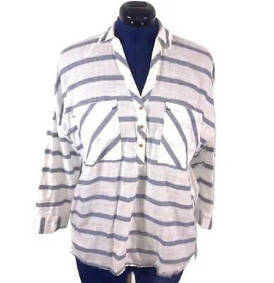 $13 • Buy Zara Basic XS Women’s White/blue Stripe 100% Cotton Half Button Up Coastal Top