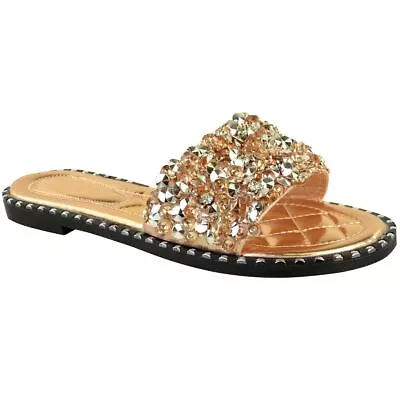 Womens Flat Summer Sandals Diamante Studs Sliders Slides Holiday Slip On Mules • £14.99