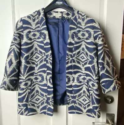 Monsoon Navy Blue & White Patterned Open Front Blazer Jacket - Uk 8 - 3/4 Sleeve • $10.09