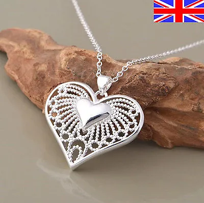 925 Sterling Silver Plt Heart Necklace Filigree Chain Link Pendant Gift Bag • £3.99