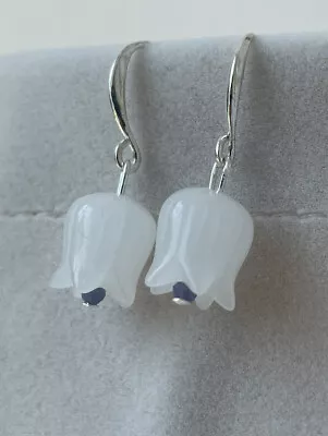 White Jade And Tanzanite Solid 925 Sterling Silver Tulip Flower Drop Earrings • £18.60