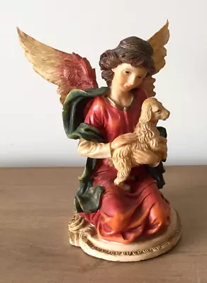 A 6  TALL X 5.25  WIDE 376g PLASTIC/RESIN ANGEL HOLDING A LAMB FIGURINE VGC • £10.95