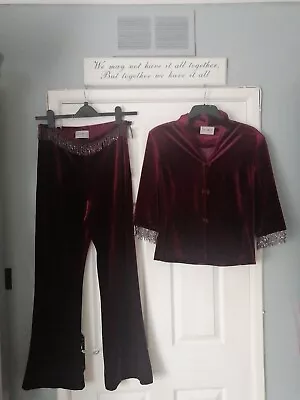 Ronit Zickah LadiesSz12 Burgendy Velvet Lined 2 PIECE Trouser Suit/outfit Cruise • £27.99