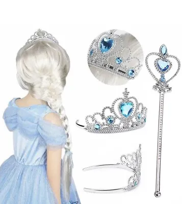 Girls Elsa Princess Tiara Crown+Magic Wand Wedding Prom Party Pageant Dress Up • £4.40
