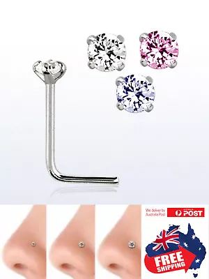 S925 Sterling Silver 22g L Shape Prong CZ Top Bent Tiny Nose Ring Studs Pins 1pc • $3.45