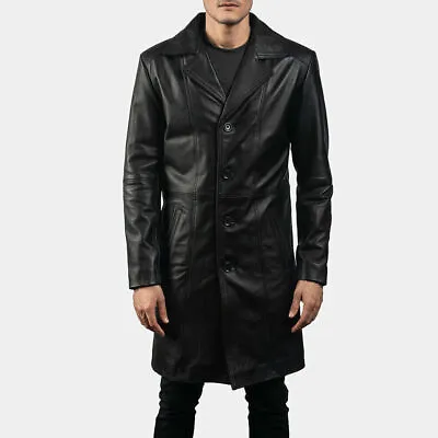 Men's Leather Trench Coat Genuine Lambskin Black Long Winter Jacket Coat • $109.60