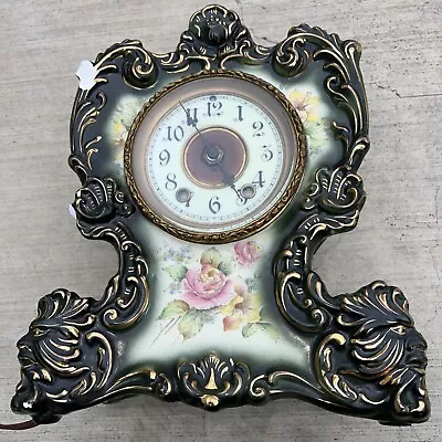 Antique Waterbury Porcelain Clock - Parlor No. 93 Mantle Clock W/pansies Chipped • $166.92