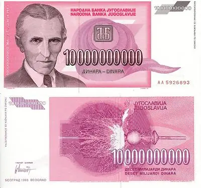 NIKOLA TESLA 10 BILLION YUGOSLAVIAN DINAR GLOSSY POSTER PICTURE PHOTO Money 1594 • $11.99