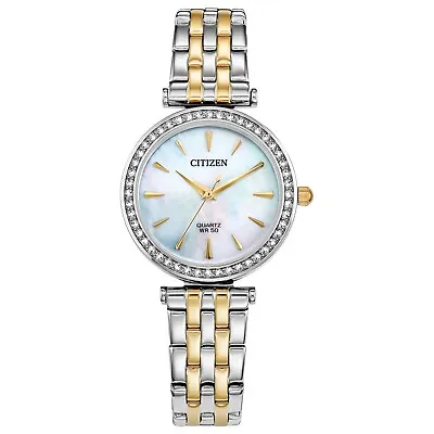 Citizen Womens Quartz Crystal Accent Bezel Silver Gold Watch 30mm ER0216-67D • $55.99