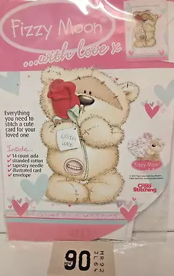 £2.65 • Buy FIZZY MOON TEDDY BEAR Cross Stitch Card Kit Embroidery & Red Rose WITH LOVE