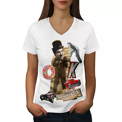 Wellcoda Charlie Chaplin Womens V-Neck T-shirt Vintage Graphic Design Tee • £15.99