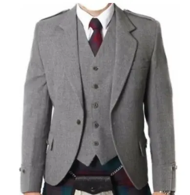 £59.99 • Buy Scottish Argyle Kilt Jacket With Waistcoat / Vest Light Grey Men Wedding Jacket