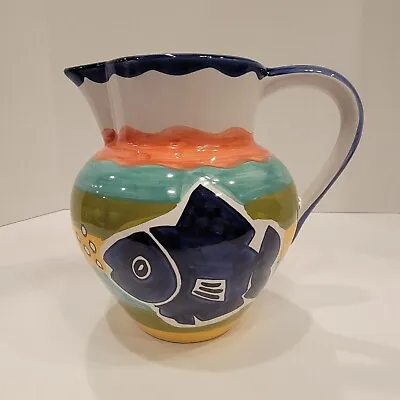 Zrike Pitcher Jug Hand Painted Pottery Portugal Fish Signed Nazare For Zrike 7” • $27